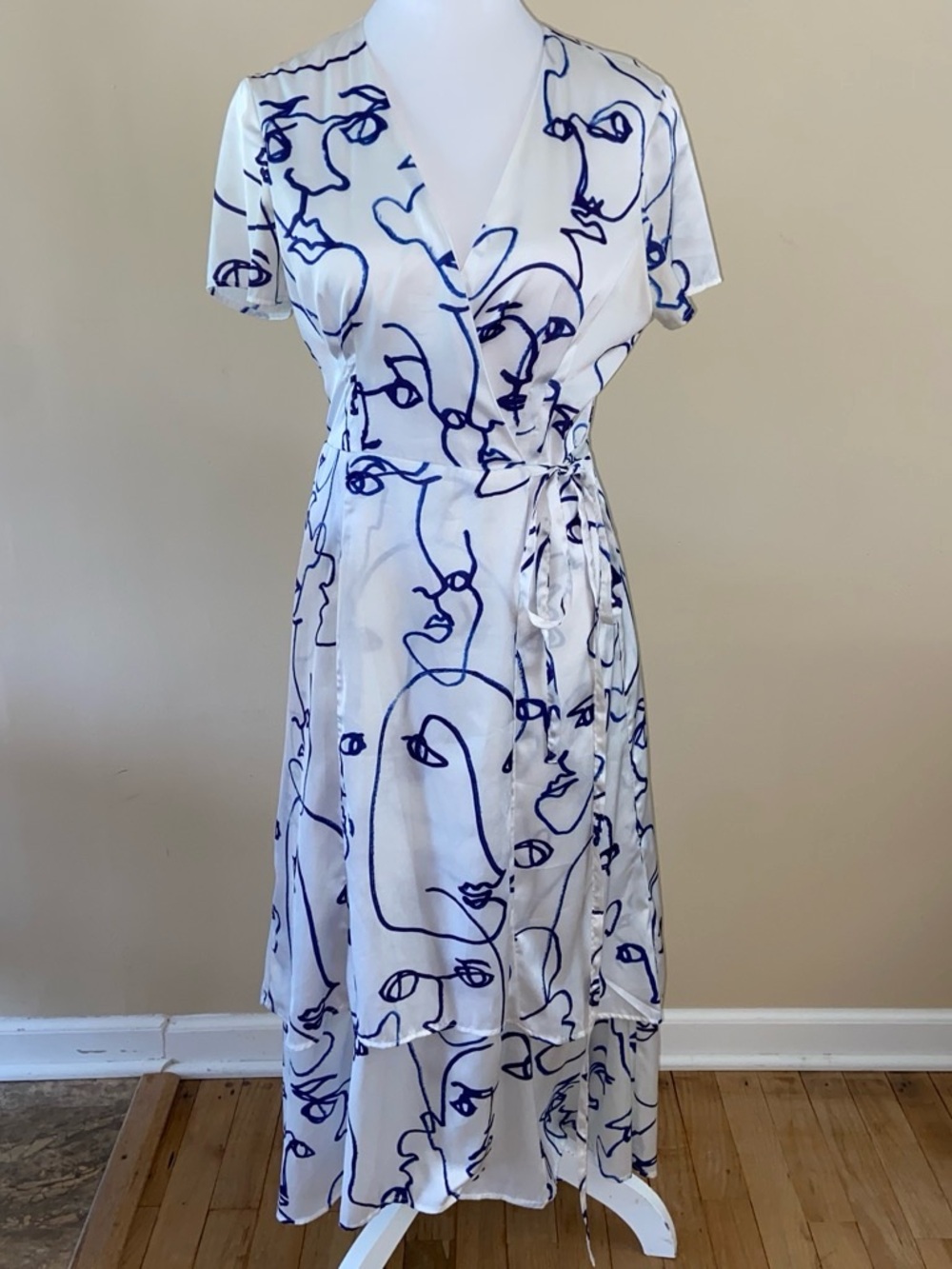 Women's White Wrap Dress with Blue Abstract Face Print